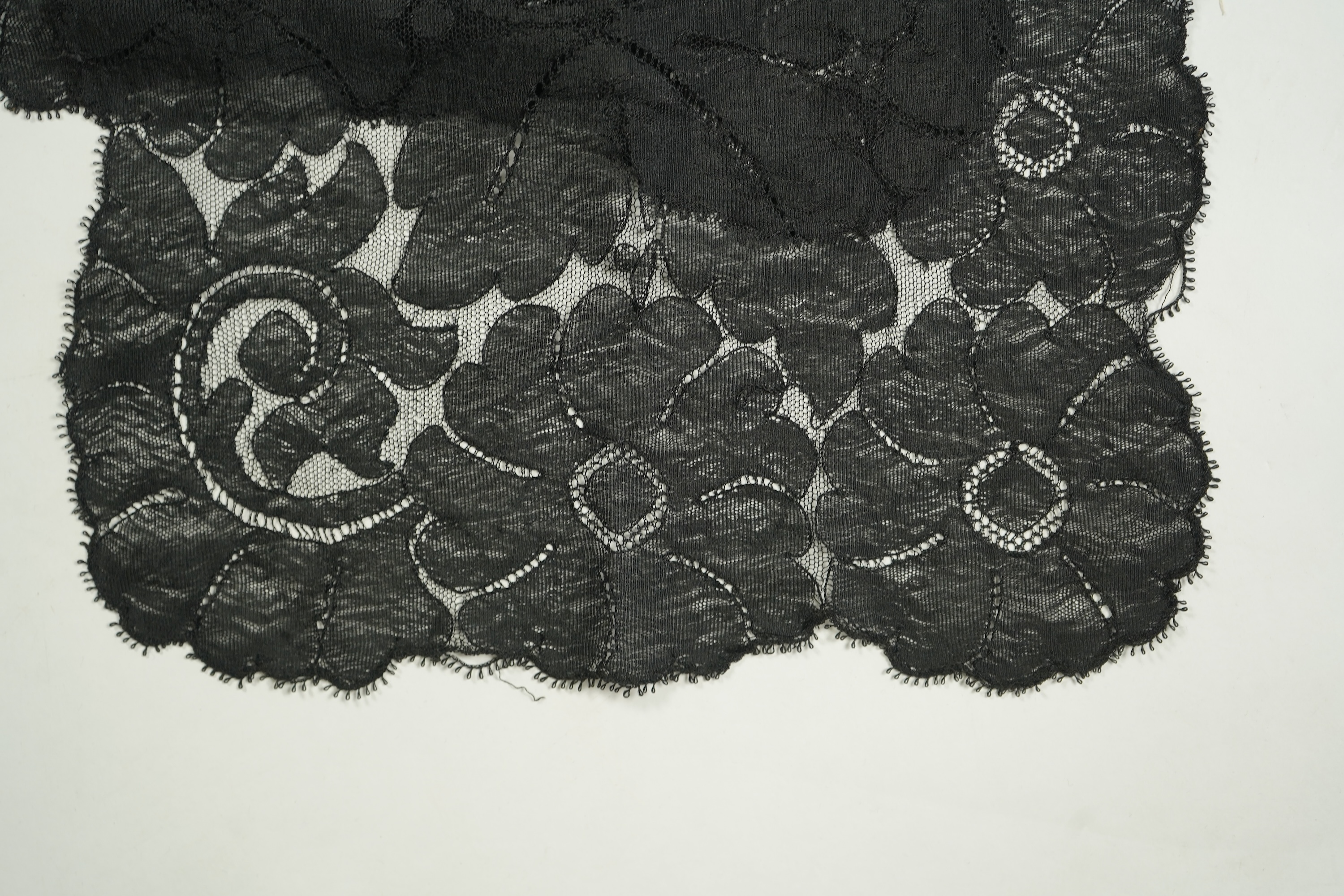 A fine cream and black silk ‘tatting’ stole, two black silk stoles, two bonnet veils and various collars and small triangular mantilla etc. Condition - some damage to bonnet veil., Tatting stole 184cm long.